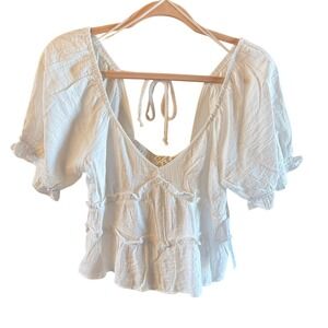 NWT Kirious Sz M Crop Top Ruffle Puff Sleeve Deep V Neck & Open Tie Back Tiered